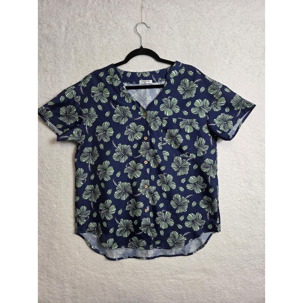Womens Rayon Blend Floral‎ Button Front Blouse M Coastal Tropical Casual Top